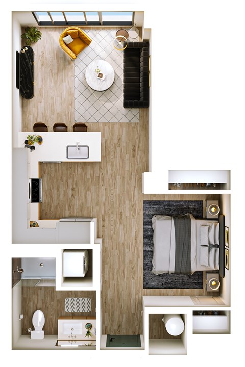 Floor plan for 1 bed, 1 bath, 626 sqft